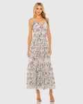 Multicolor Floral Sequined Tiered Ruffle Midi Dress