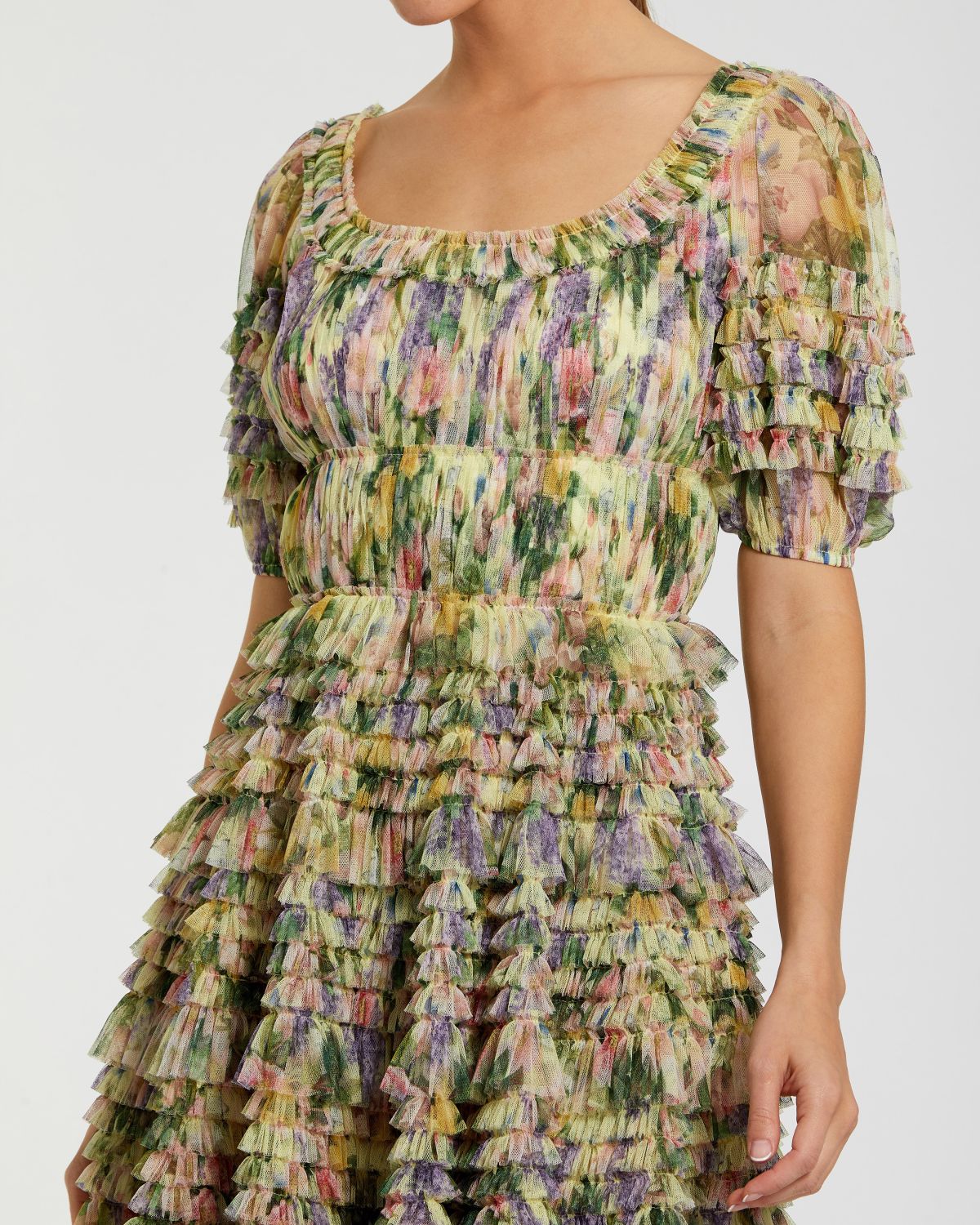 Multicolor Floral Puff Sleeve Ruffle Mini Dress
