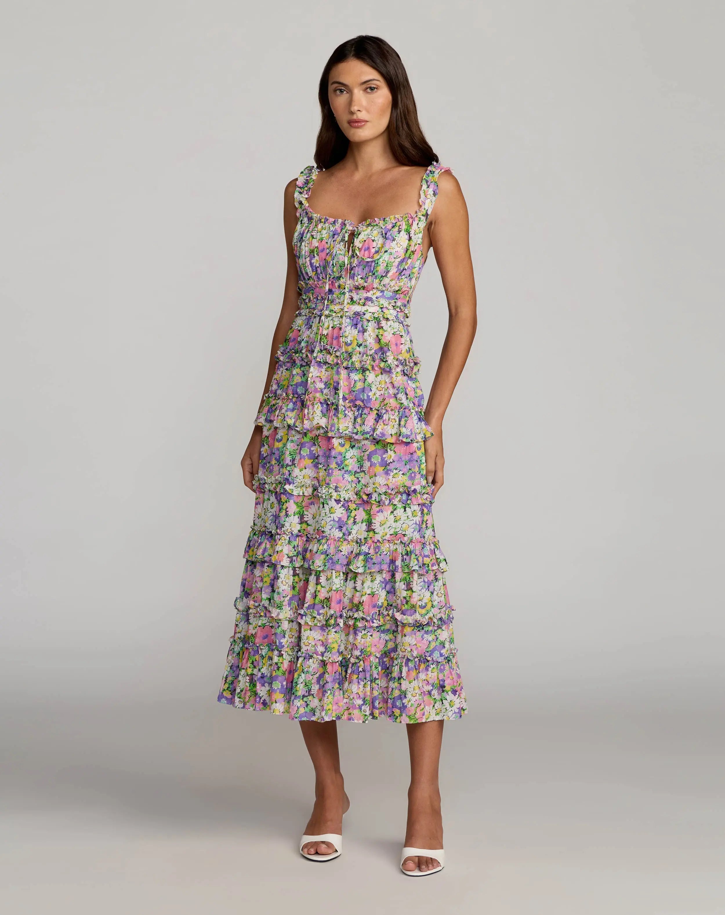 Multicolor Floral Ruffle A-Line Cotton Midi Dress