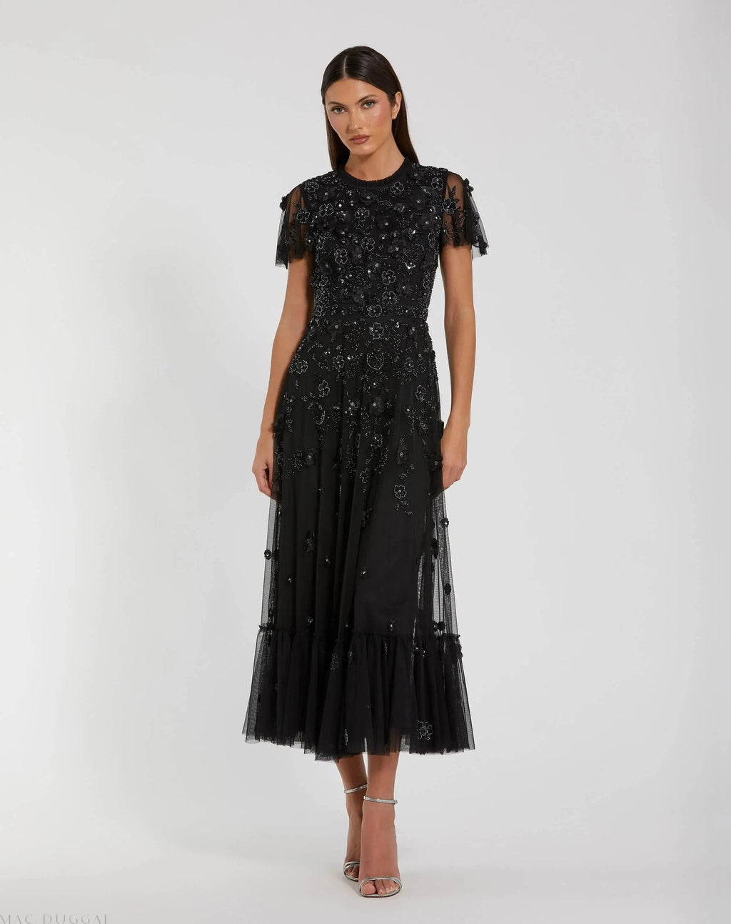 Black Embellished High Neck Flutter Sleeve A Line Dress