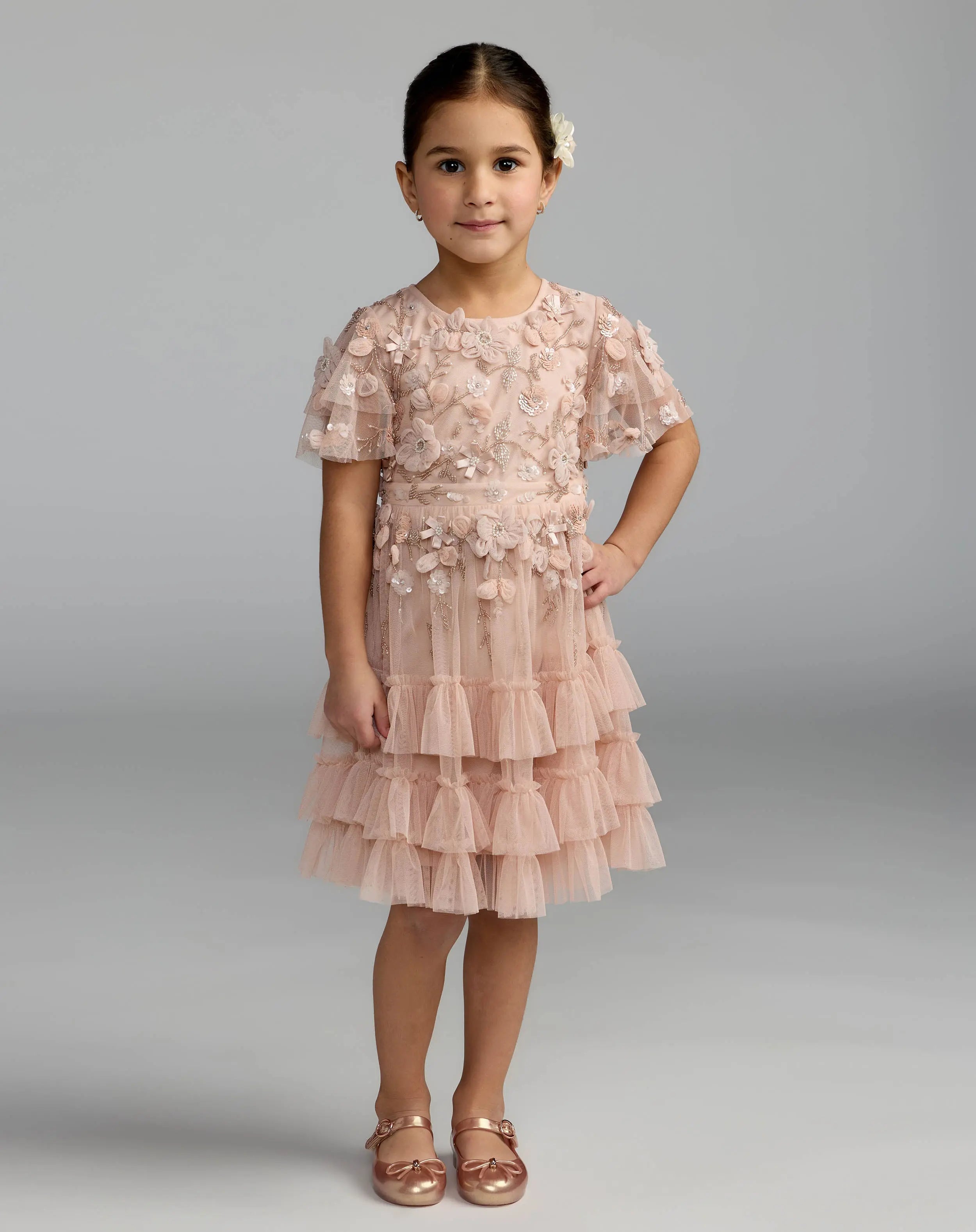 Girls Pink Embellished Flutter Sleeve Ruffle Gown