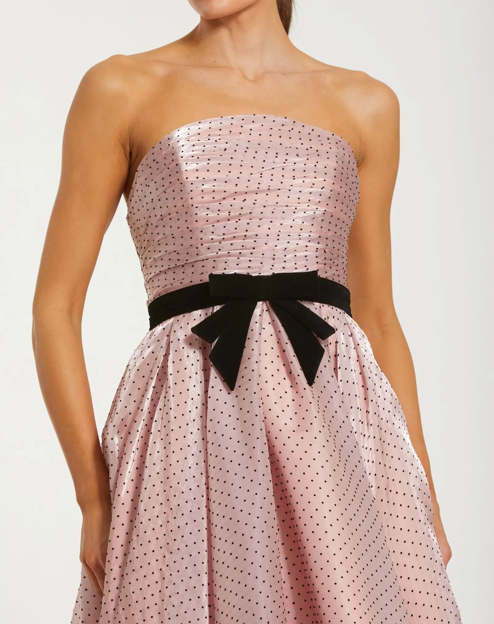 Petite Pink Polka Dot Organza Strapless Dress With Bow