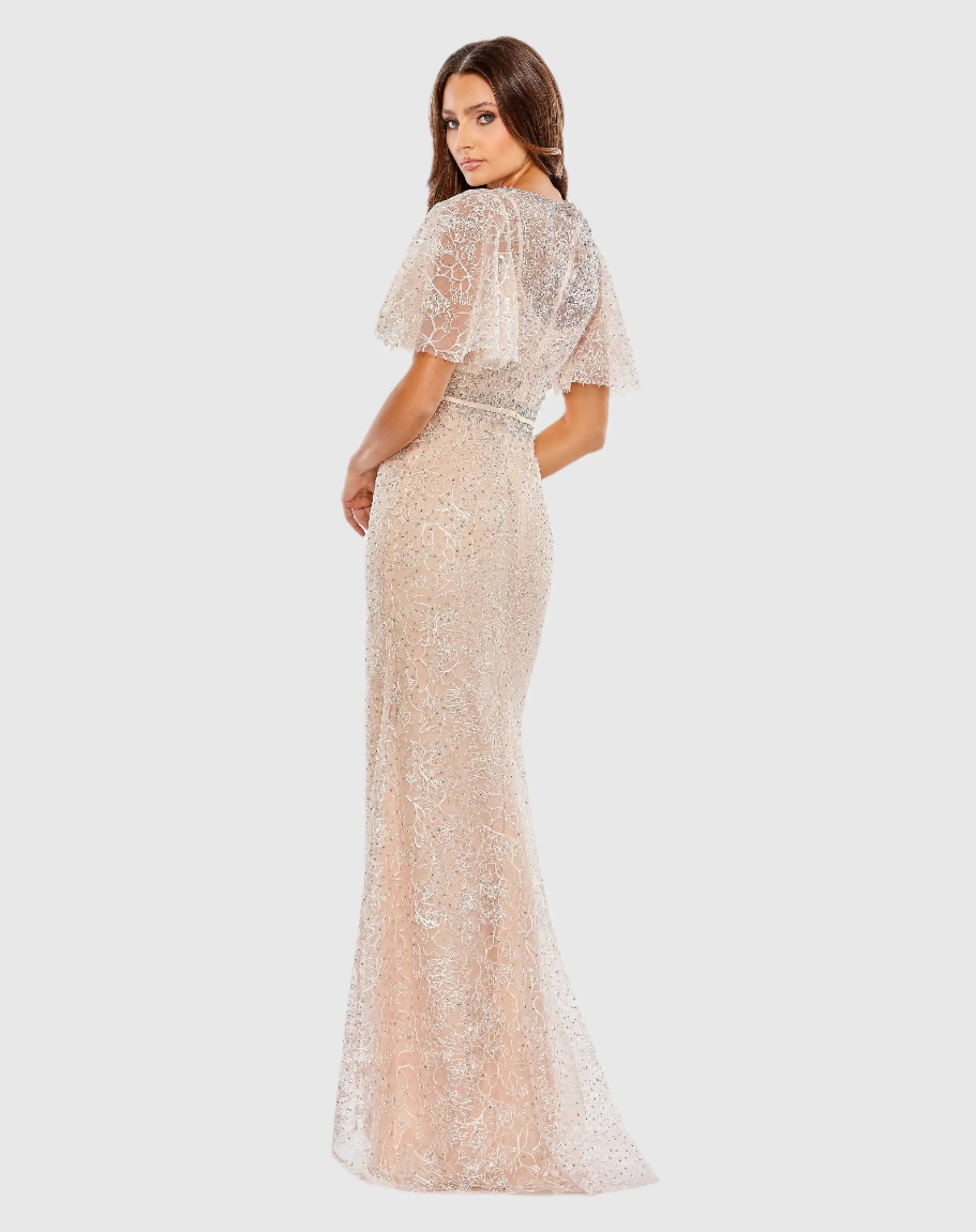 Pink Embellished Neck Butterfly Sleeve Trumpet Gown - FINAL SALE