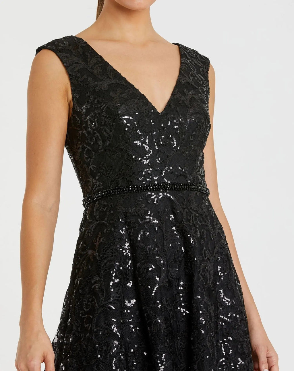 Black V Neck Cap Sleeve Sequin Dress